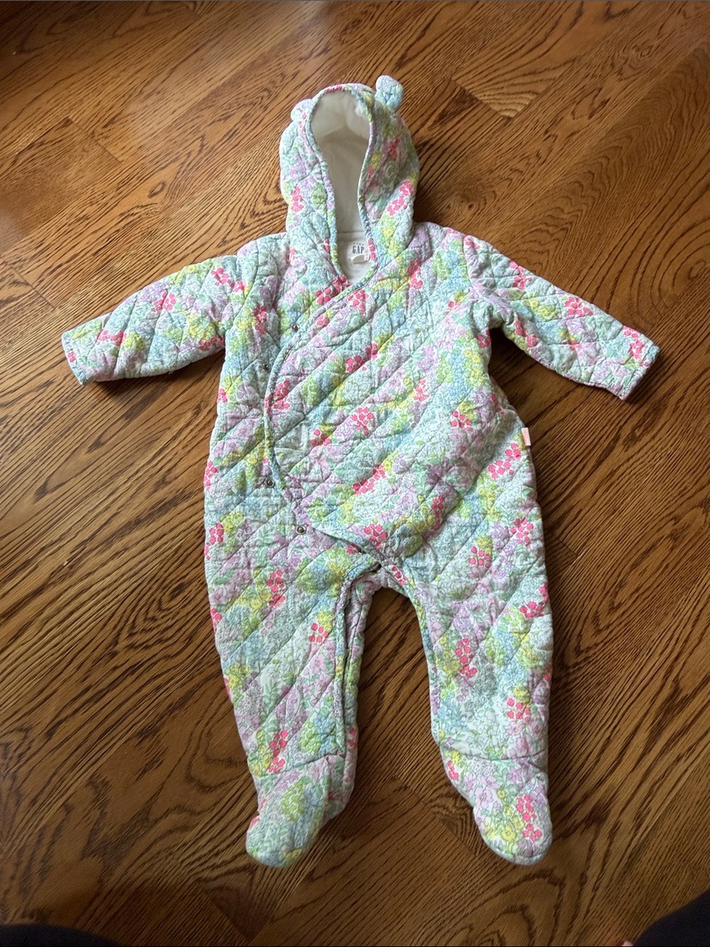 GAP Quilted Floral Hooded Footed One-Piece - Pink & Green
